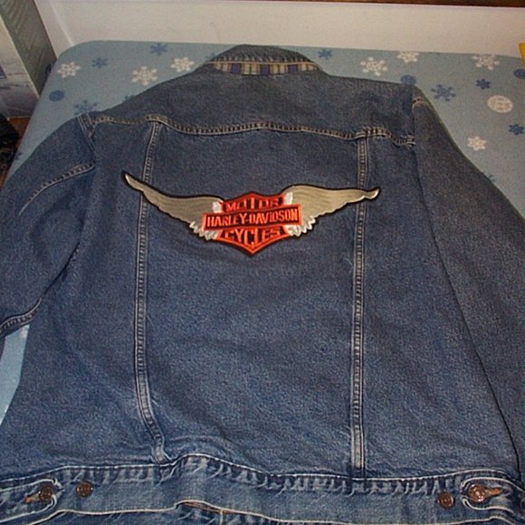 Vintage Levi's USA made Trucker jacket Plaid Lining Harley patches size XL - Picture 5 of 6